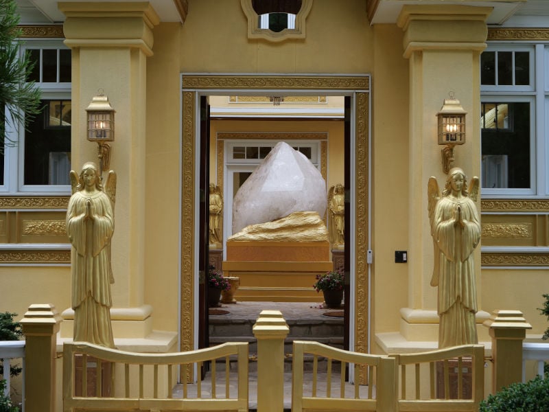 Crystal Chapel entrance flanked by two golden angels Crystal Chapel entrance flanked by two golden angels